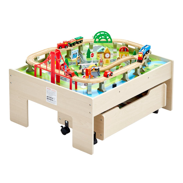 Vevor Train Table 100 Pcs Wooden Kids Activity With Rolling Storage Drawer Kids Play Table & Chair Sets