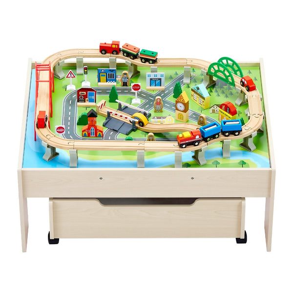 Vevor Train Table 100 Pcs Wooden Kids Activity With Rolling Storage Drawer Kids Play Table & Chair Sets