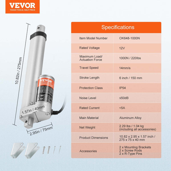 Vevor Linear Actuator 12V 6Inch 0.55"/S High Speed 220Lbs/1000N Ip54 Protection Other Hand Tools