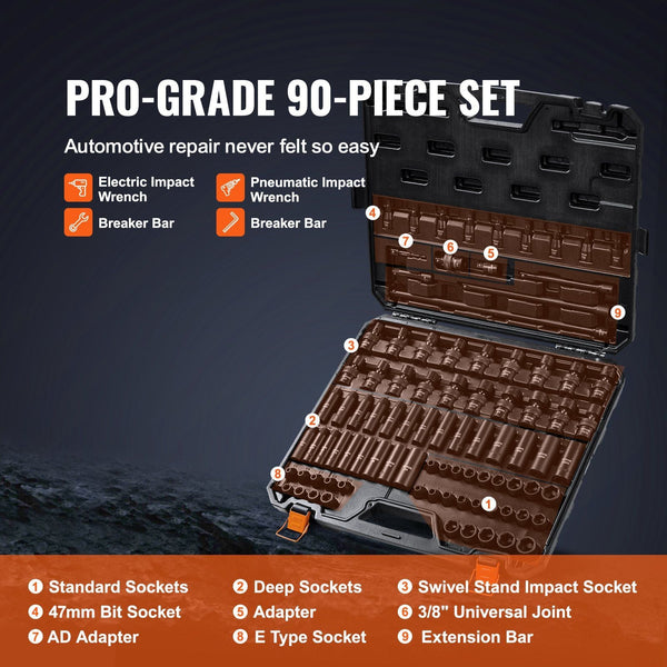 3/8" Drive Impact Socket Set 90 Piece Sae 1/4" 3/4" And Metric 6 19Mm Point Cr Mo Alloy Steel For Auto Repair Includes Extension Bars Universal Joint