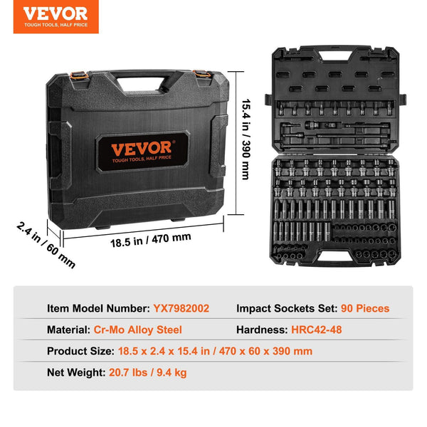 3/8" Drive Impact Socket Set 90 Piece Sae 1/4" 3/4" And Metric 6 19Mm Point Cr Mo Alloy Steel For Auto Repair Includes Extension Bars Universal Joint
