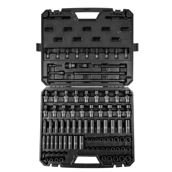 3/8" Drive Impact Socket Set 90 Piece Sae 1/4" 3/4" And Metric 6 19Mm Point Cr Mo Alloy Steel For Auto Repair Includes Extension Bars Universal Joint