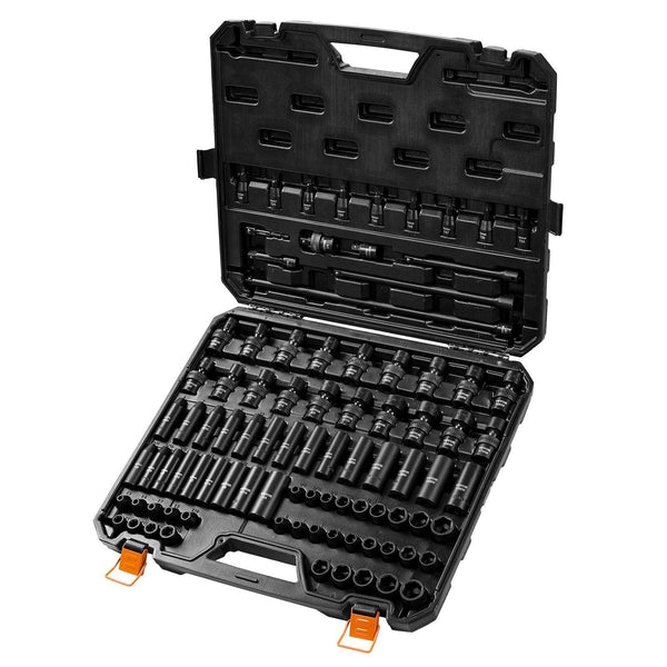 3/8" Drive Impact Socket Set 90 Piece Sae 1/4" 3/4" And Metric 6 19Mm Point Cr Mo Alloy Steel For Auto Repair Includes Extension Bars Universal Joint