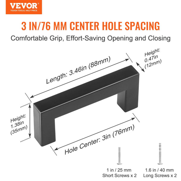 Vevor 10 Pack 3In / 76Mm Center To Slim Square Kitchen Drawer Stainless Steel Modern Cupboard Door Handles For Bathroom Bar Hardware Matte Black Cabin