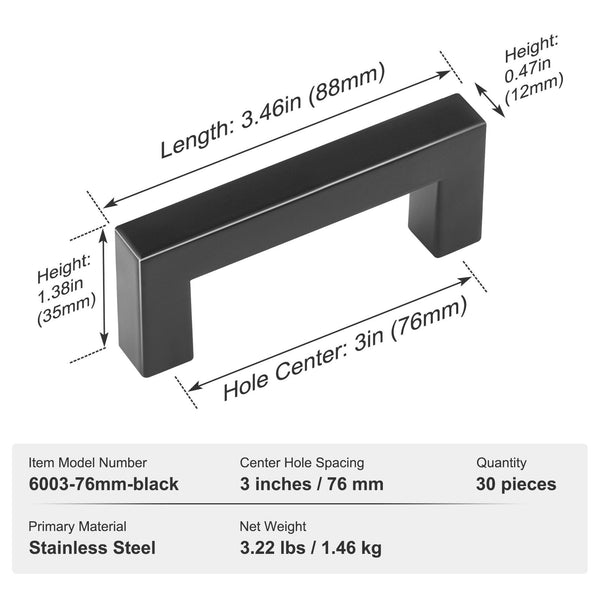 Vevor 30 Pack 3In / 76Mm Center To Slim Square Kitchen Drawer Stainless Steel Modern Cupboard Door Handles For Bathroom Bar Hardware Matte Black Cabin