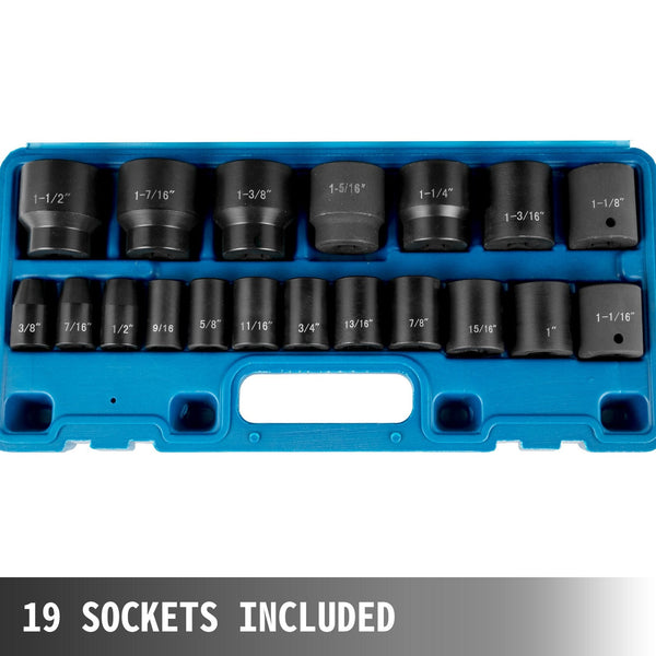 Vevor Impact Socket Set 1/2 Inches 19 Piece Sockets Assortment Drive Sae (3/8 To Inches) 6 Point Hex Socket Wrenches