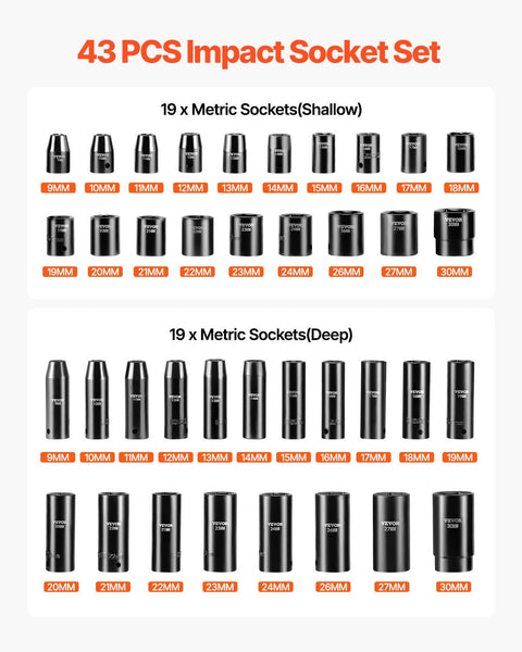 Vevor Impact Socket Set 43 Piece Sockets Assortment Drive 6 Point Metric 9 30Mm (Standard/Deep) Socket Wrenches
