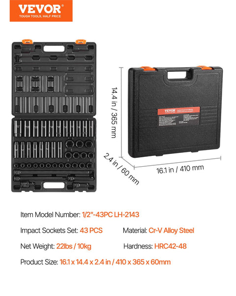 Vevor Impact Socket Set 43 Piece Sockets Assortment Drive 6 Point Metric 9 30Mm (Standard/Deep) Socket Wrenches