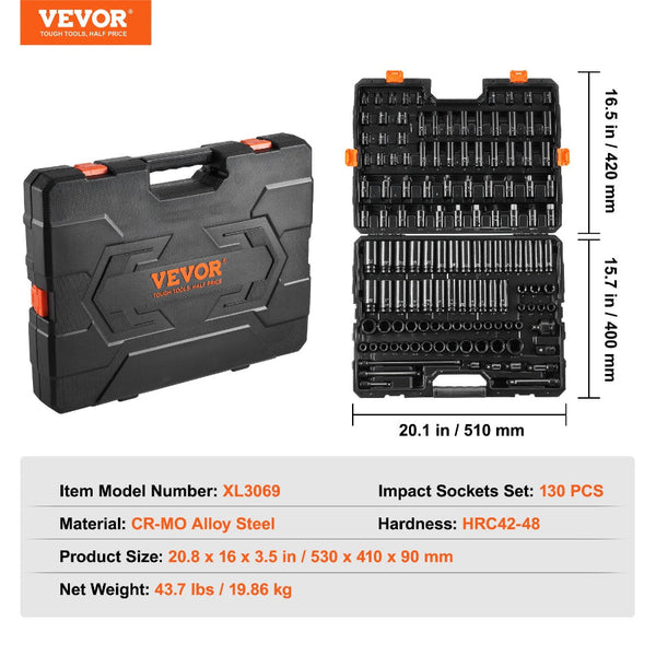 Impact Sockets Set 130Pcs 6 Point 3/8" & 1/2" Drive Bit Ratchet Tool Kit Impact Wrenches