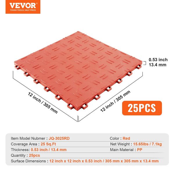 Vevor Garage Tiles Interlocking 12 X 0.53 Inch 25 Pack Floor Covering Non Slip Double Sided Texture Flooring For Garages Basements Repair Shops Red Ot