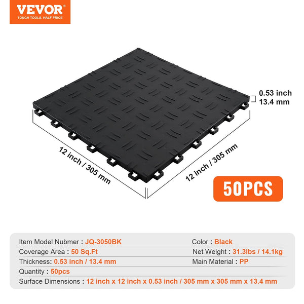 Vevor Garage Tiles Interlocking 12 X 0.53 Inch 50 Pack Floor Covering Non Slip Double Sided Texture Flooring For Garages Basements Repair Shops Black
