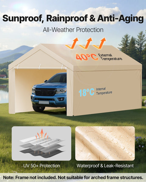 Vevor Carport Replacement Canopy 6 X 3 M Potable Garage Tent Top Tarp With Sidewalls Uv Resistant & Waterproof Heavy Duty Shelter Ball Buggees Beige F