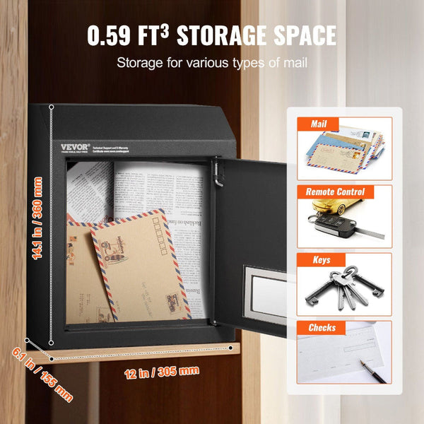 Through The Door Key Drop Box Heavy Duty Steel Mailbox With 12" Combination Lock Black Letterboxes