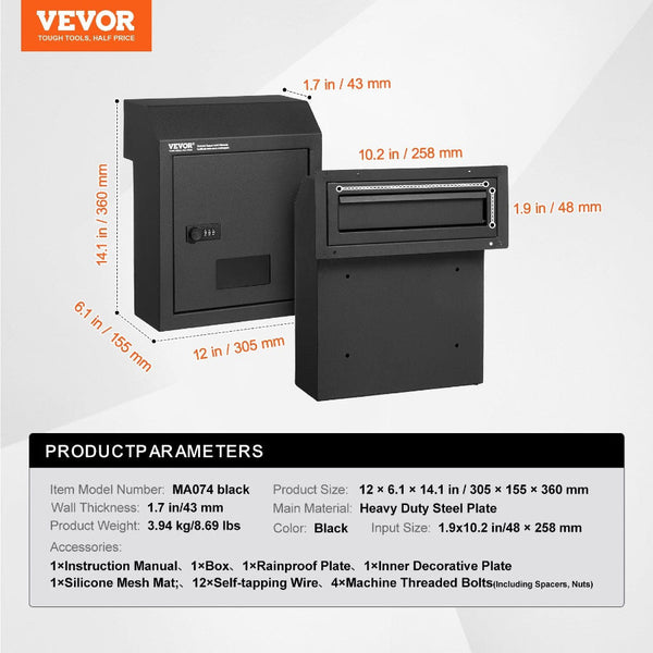 Through The Door Key Drop Box Heavy Duty Steel Mailbox With 12" Combination Lock Black Letterboxes
