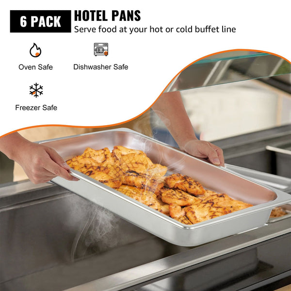 Hotel Pans Full Size 2.5 Inch Deep Steam Table 6 Pack 22 Gauge/0.8Mm Thick Stainless Steel Anti Jam Frying & Grill Pans