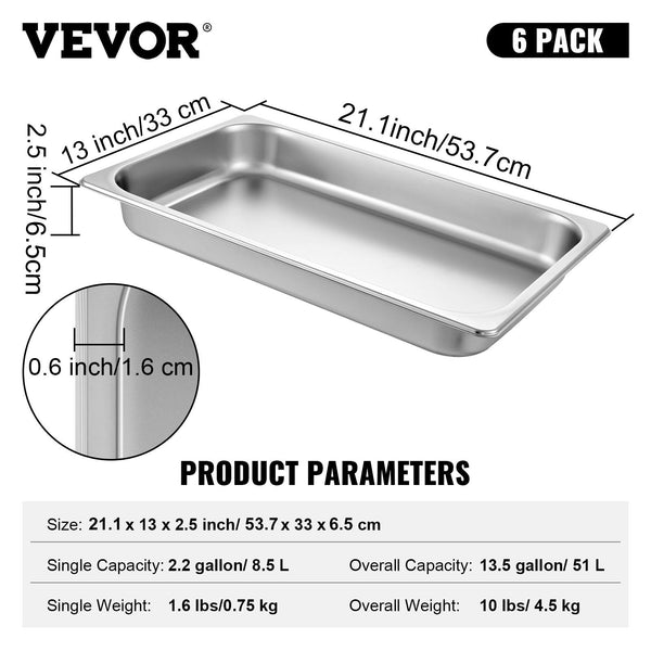 Hotel Pans Full Size 2.5 Inch Deep Steam Table 6 Pack 22 Gauge/0.8Mm Thick Stainless Steel Anti Jam Frying & Grill Pans