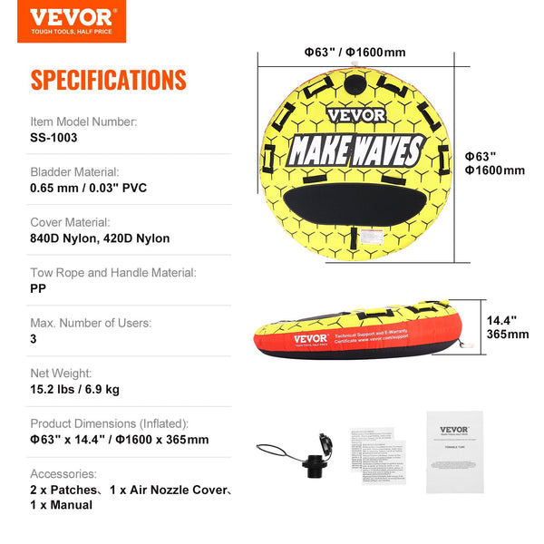 Towable Tube For Boating 1 3 Riders Inflatable Tubes And Towables 510 Lbs 63 Inch Round Water Sport Boats Pull Full Nylon Cover Eva Grab Handles Speed
