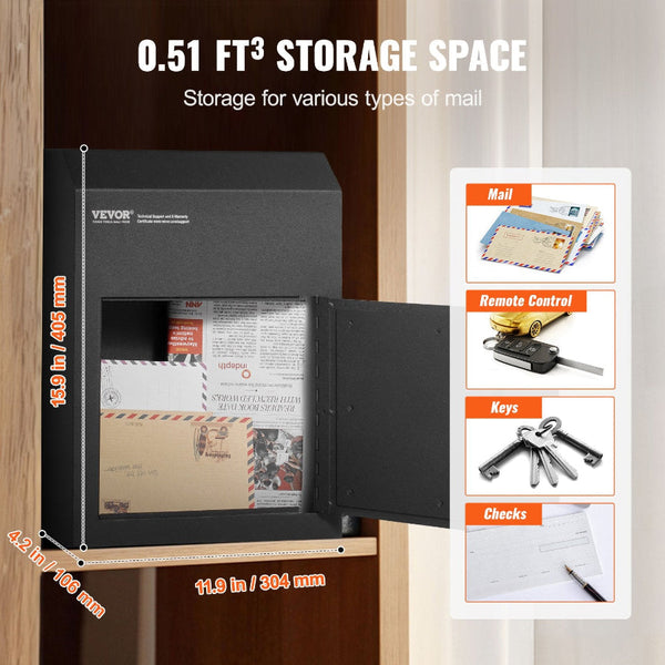 Through The Door Key Drop Box Heavy Duty Steel Mailbox With 1.8" 12" Lock 12X6x16" Black Letterboxes