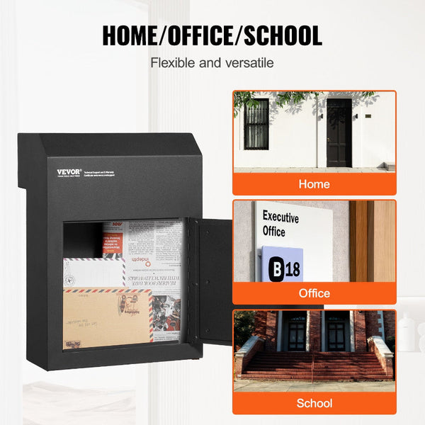 Through The Door Key Drop Box Heavy Duty Steel Mailbox With 1.8" 12" Lock 12X6x16" Black Letterboxes
