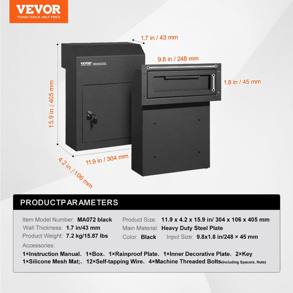 Through The Door Key Drop Box Heavy Duty Steel Mailbox With 1.8" 12" Lock 12X6x16" Black Letterboxes
