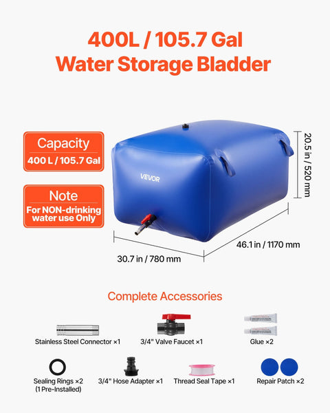 Vevor Water Storage Bladder 400L Large Capacity Bag Portable & Collapsible Soft Waters Container Leakproof Tear Resistant Pvc Emergency Tank For Rv Tr