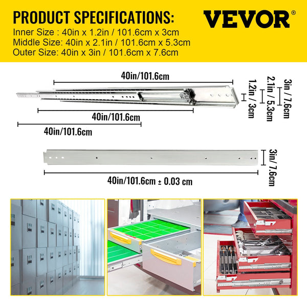 Vevor Drawer Slide Soft Close 1Pair 40" Ball Bearing Full Extension 500Lb Drawer Organisers