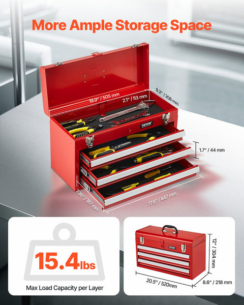 Tool Box 520 Mm Portable Metal 3 Drawers Organizer Red Tool Boxes