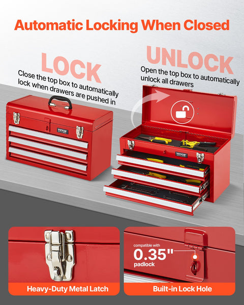 Tool Box 520 Mm Portable Metal 3 Drawers Organizer Red Tool Boxes