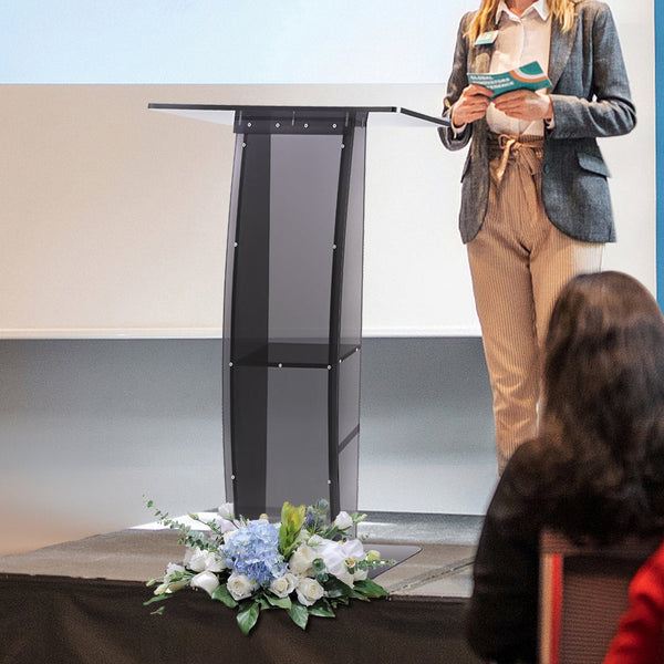 Vevor Acrylic Podium 47" Tall Stand With Wide Reading Surface & Storage Shelf Floor Standing Clear Pulpits For Church Office School Black Standing Des