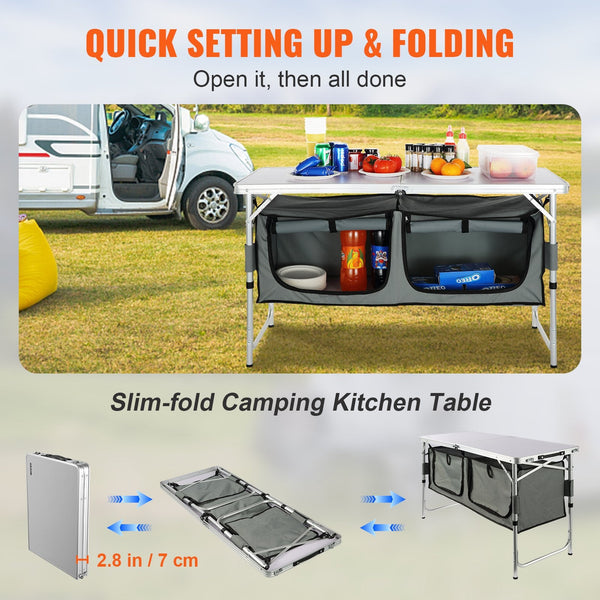 Vevor Camping Kitchen Table Quick Set Up Folding With A Carrying Bag 3 Adjustable Heights Mdf Ideal For Outdoor Picnics Bbqs Rv Traveling Camping Tabl