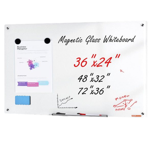 Magnetic Glass Whiteboard Dry Erase Board 36"X24" Wall Mounted Large Glassboard Frameless With Marker Tray An Eraser Markers Placeholder