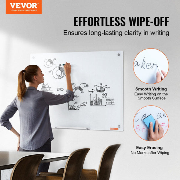 Magnetic Glass Whiteboard Dry Erase Board 36"X24" Wall Mounted Large Glassboard Frameless With Marker Tray An Eraser Markers Placeholder