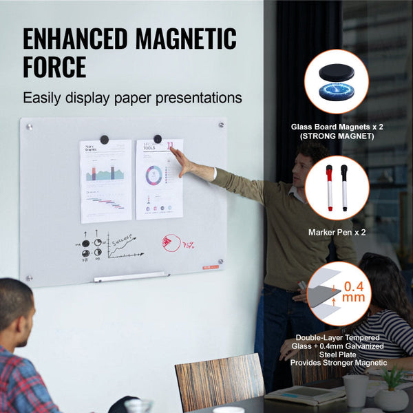 Magnetic Glass Whiteboard Dry Erase Board 36"X24" Wall Mounted Large Glassboard Frameless With Marker Tray An Eraser Markers Placeholder