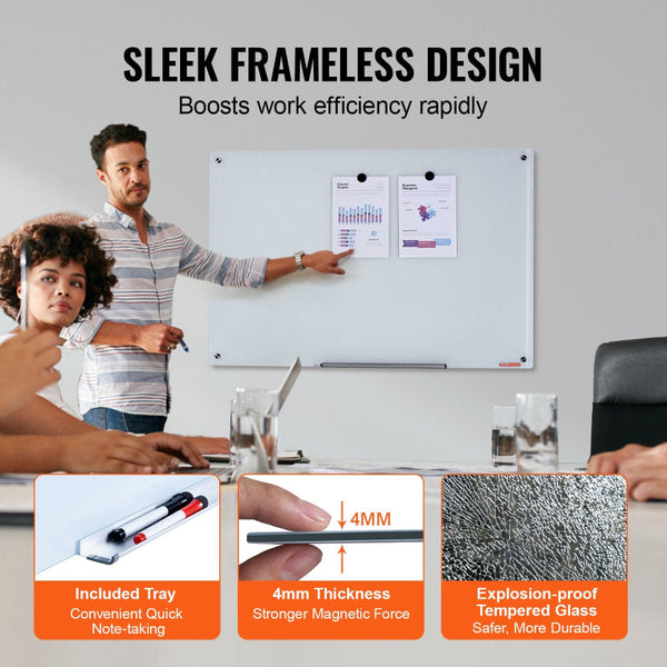 Magnetic Glass Whiteboard Dry Erase Board 36"X24" Wall Mounted Large Glassboard Frameless With Marker Tray An Eraser Markers Placeholder