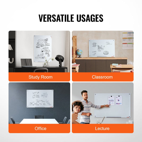Magnetic Glass Whiteboard Dry Erase Board 36"X24" Wall Mounted Large Glassboard Frameless With Marker Tray An Eraser Markers Placeholder