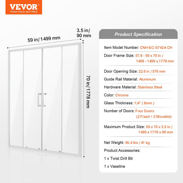 Vevor Semi Framelessdouble Slidingshower Door Sgcc Tempered Glass 1/4"Chrome Shower Doors
