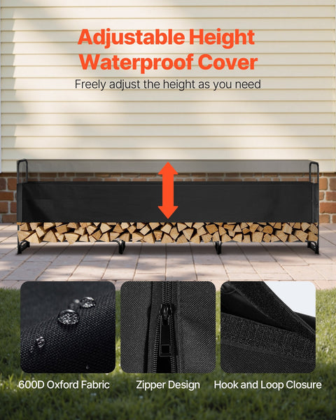 Vevor Firewood Rack With Waterproof Cover 383 X 36 117 Cm Outdoor Holder 660Lb Weight Capacity 1/2 Cord Log Half Covered Powder Coated Wood Storage Fo