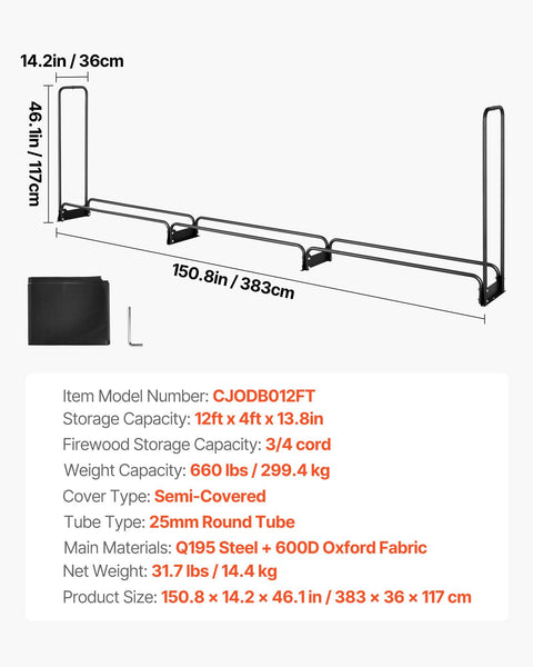 Vevor Firewood Rack With Waterproof Cover 383 X 36 117 Cm Outdoor Holder 660Lb Weight Capacity 1/2 Cord Log Half Covered Powder Coated Wood Storage Fo