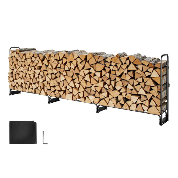Vevor Firewood Rack With Waterproof Cover 383 X 36 117 Cm Outdoor Holder 660Lb Weight Capacity 1/2 Cord Log Half Covered Powder Coated Wood Storage Fo