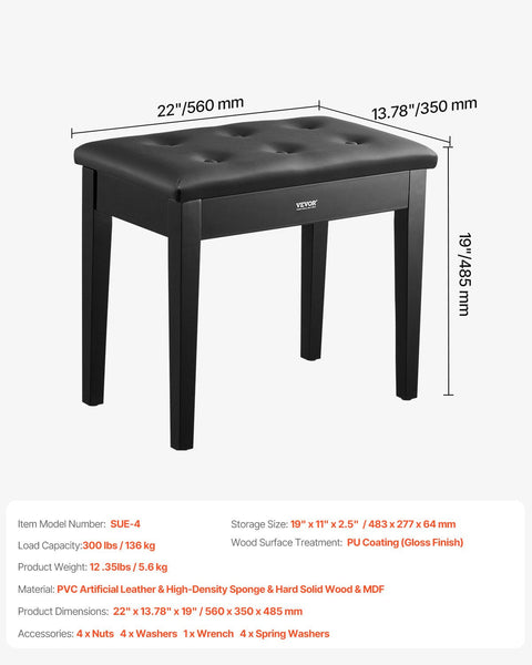 Vevor Piano Bench 22" X 13.78" 19" Keyboard Chair With High Density Padded Cushion Storage Compartment For Music Books Wooden Bookcase Stool Seat Vani