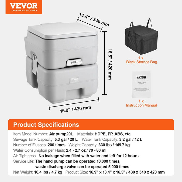 Toilet For Camping Potty With Carry Bag 5.3 Gal Waste Tank & 3.2 Flush Push Button Pressurized Commode Leak Proof And Odourless Travel Portable Toilet