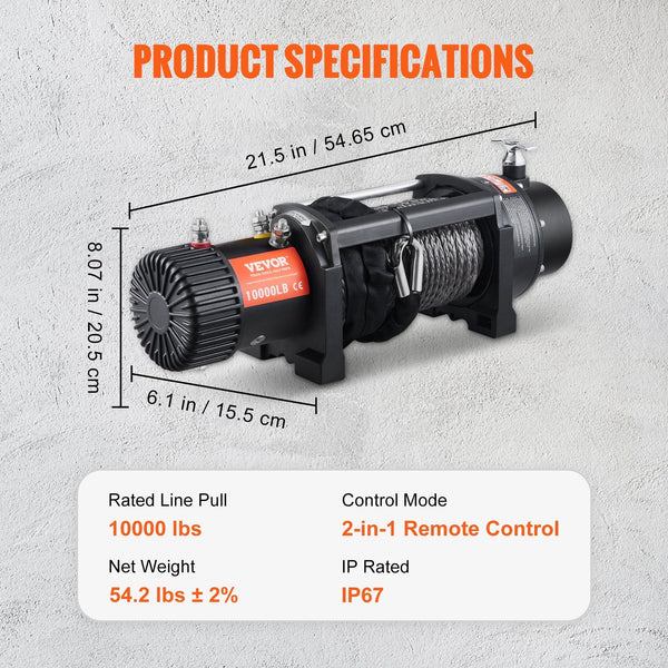 Vevor Electric Winch 4536 Kg Load Capacity Nylon Rope Ip67 8.9 Mm X 25.9 Atv With Wireless Handheld Remote & Hawse Fairlead For Towing Jeep Off Road S