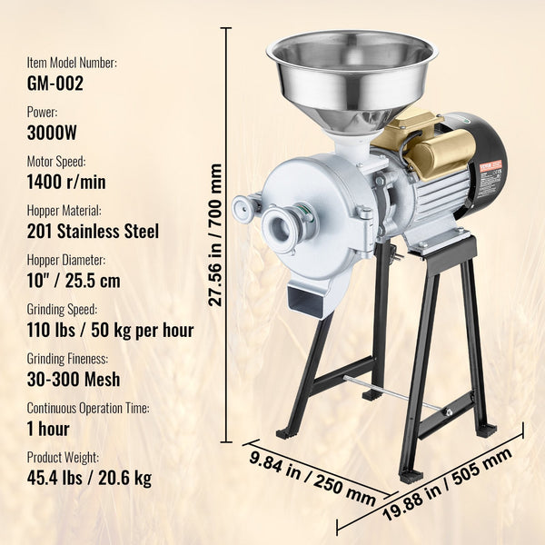 Vevor 3000W Electric Grain Grinder Corn Wheat Flour Cereal Mill Wet & Dry Grinders And Mulchers