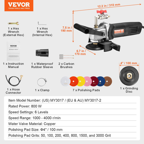 Vevor Wet Stone Polisher 4 Inch Electric Granite With 6 Speed & 7 Pads Buffers & Polishers