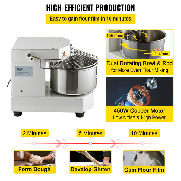 Vevor Commercial Dough Food Mixer 8L Large Capacity Stainless Steel With Bowel Hook Shield Reset Button 450W Tilt Head Kitchen Mixers For Cake Cream E