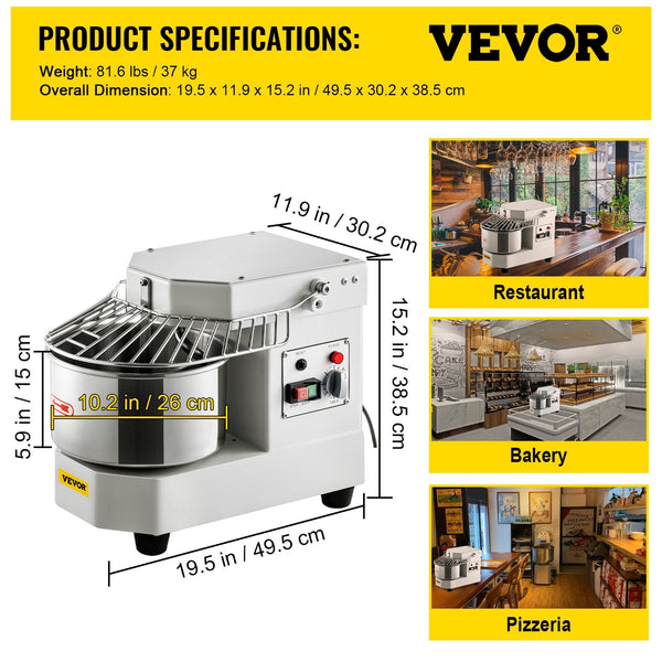 Vevor Commercial Dough Food Mixer 8L Large Capacity Stainless Steel With Bowel Hook Shield Reset Button 450W Tilt Head Kitchen Mixers For Cake Cream E