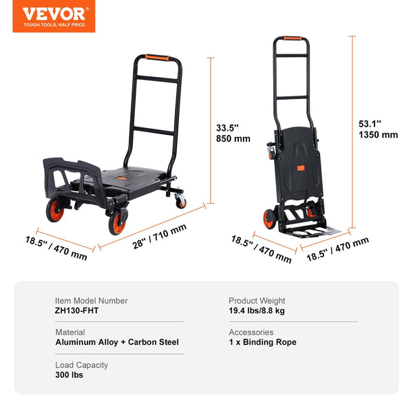 Vevor Aluminum Hand Truck 2 In 1 136 Kg Max Load Capacity Heavy Duty Industrial Convertible Folding And Dolly Utility Cart Converts From To Platform W