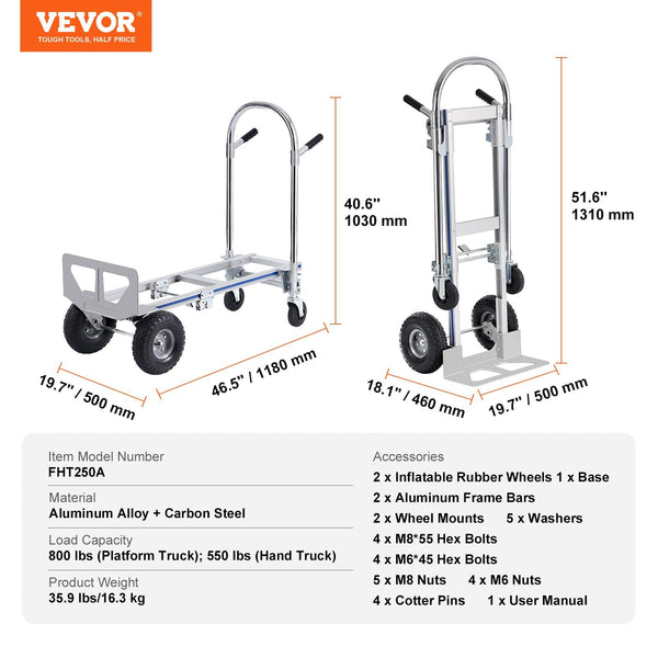Aluminum Hand Truck 2 In 1 363 Kg Max Load Capacity Heavy Duty Industrial Convertible Folding And Dolly Utility Cart Converts From To Platform With Ru