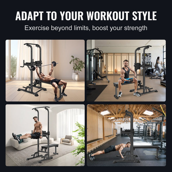 Vevor Power Tower With Bench 10 Level Height Adjustable Pull Up Bar Stand Dip Station & Detachable Multi Function Home Gym Strength Training Fitness E