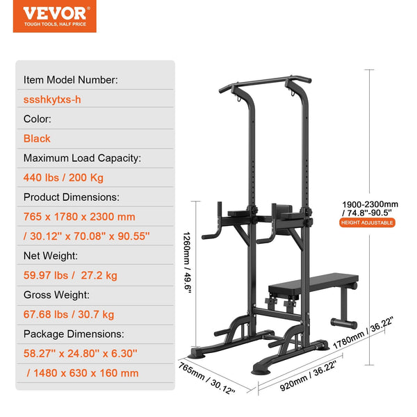 Vevor Power Tower With Bench 10 Level Height Adjustable Pull Up Bar Stand Dip Station & Detachable Multi Function Home Gym Strength Training Fitness E